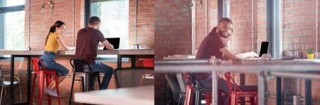 collage of happy businesswoman looking at coworker using laptop with blank screen in office