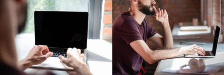 collage of bearded businessman using laptop in officeの写真素材