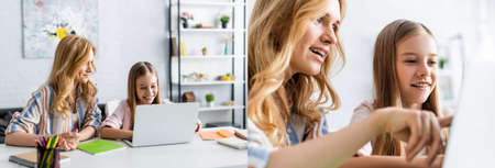 Collage of mother and daughter using laptop during online education at home