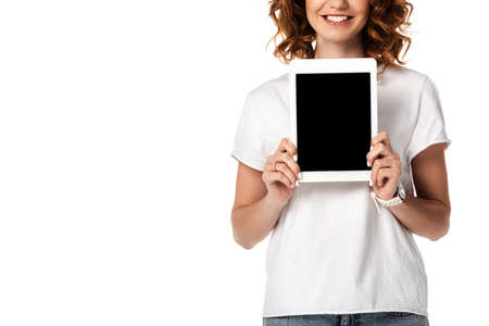 cropped view of happy woman holding digital tablet with blank screen isolated on white