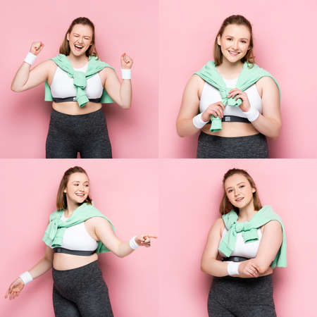 collage of positive overweight girl showing winner gesture, pointing with finger, and standing with...