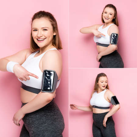 collage of cheerful overweight girl pointing with finger at smartphone in armband on pink