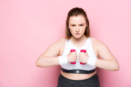 serious overweight girl training with dumbbells while looking at camera on pinkの写真素材