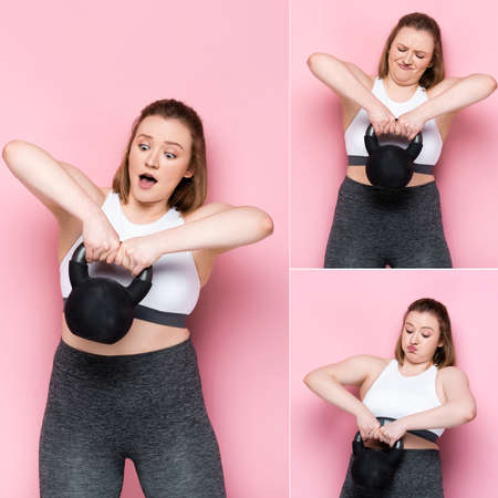 collage of emotional overweight girl grimacing while lifting heavy weight on pink