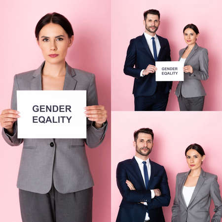 collage of businessman and businesswoman holding placard with gender equality lettering on pink