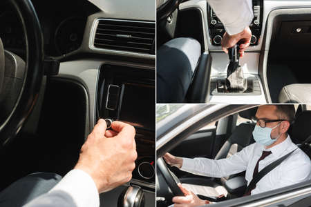 Collage of businessman driving car in medical mask