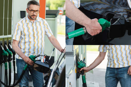 Collage of handsome man holding fueling nozzle and fueling car outdoorsの写真素材