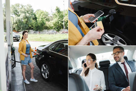Collage of smiling woman holding credit card and smartphone on gas station and businessman and...