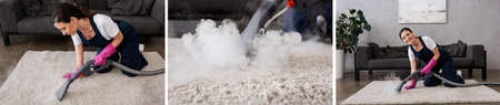 Collage of attractive smiling cleaner using vacuum cleaner with hot steam on carpet
