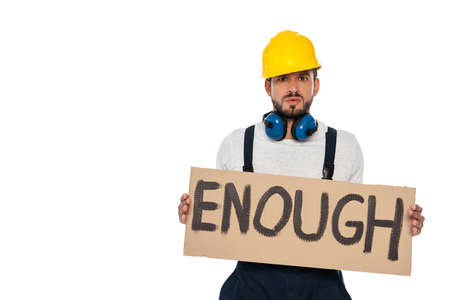 Angry builder holding signboard with enough lettering isolated on white