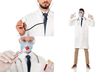 Collage of doctor in medical mask and safety goggles holding test tubes with blood samples on white backgroundの写真素材