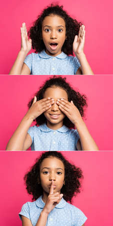 collage of cute curly african american kid showing three wise monkeys isolated on pinkの写真素材
