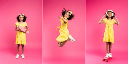 full length view of smiling curly african american child in yellow outfit and headphones with penny board on pink background, collageの写真素材