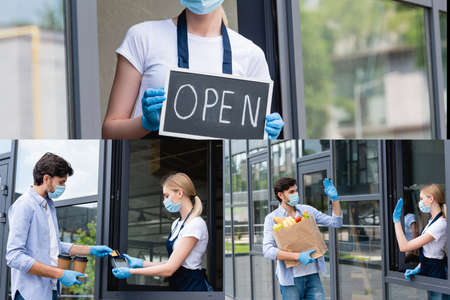 Collage of signboard, man paying with credit card, holding shopping bag and waving hand to saleswoman near buildingの写真素材