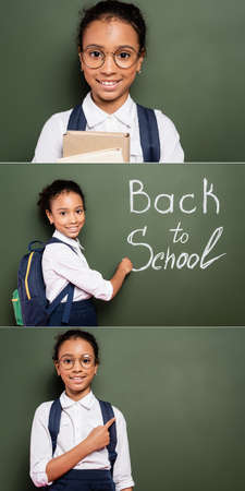 collage of smiling african american schoolgirl with backpack writing back to school inscription on green chalkboardの写真素材
