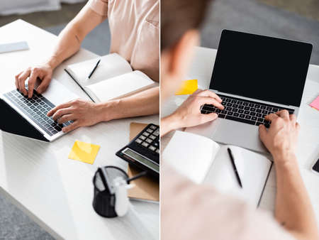 Collage of teleworker typing on laptop with blank screen on table with stationery at home, earning...