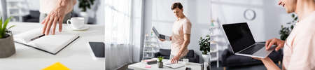Collage of freelancer using laptop and looking at notebook on table at home, earning online concept