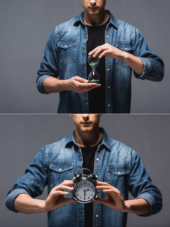 Collage of man holding alarm clock and hourglass isolated on gray, concept of time managementの写真素材