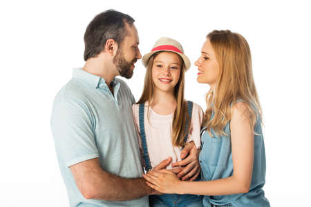 happy smiling family hugging isolated on whiteの写真素材