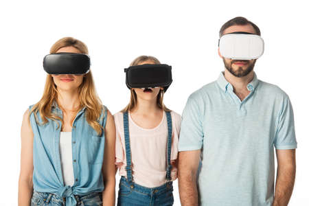 emotional family in vr headsets isolated on whiteの写真素材