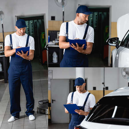 collage of mechanic in uniform and cap holding clipboard and looking at car