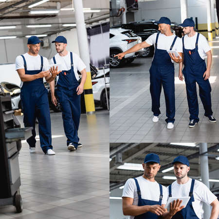 collage of handsome mechanic in uniform looking at digital tablet, walking and pointing with finger...