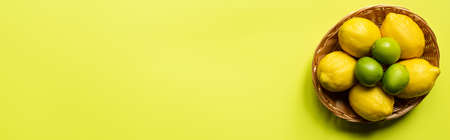 top view of ripe limes and lemons in wicker basket on colorful background, panoramic cropの写真素材