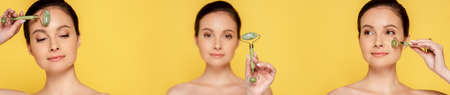 collage of beautiful naked woman using jade roller on face isolated on yellow, panoramic shot