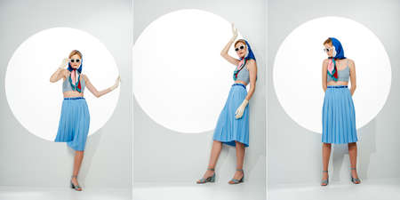 Collage of young stylish woman posing near circle on white backgroundの写真素材