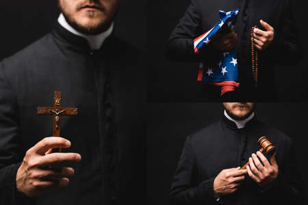 collage of priest holding rosary beads, american flag, gavel and cross isolated on black