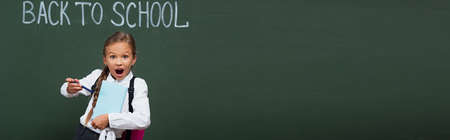 horizontal image of excited schoolgirl pointing with pen at book near chalkboard with back to school inscriptionの写真素材