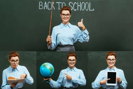 collage of teacher with pointing stick showing thumb up, reading book, holding globe, pointing at digital tablet near chalkboardの写真素材