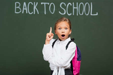selective focus of shocked schoolgirl showing idea gesture near chalkboard with back to school inscriptionの写真素材