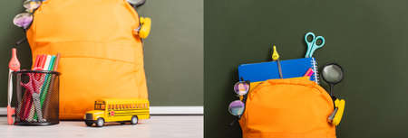 collage of yellow backpack with school supplies near school bus model and pen holder on desk near...