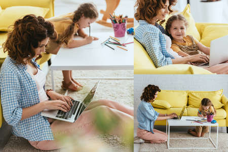 collage of young nanny using laptop and adorable kid drawing with pencils