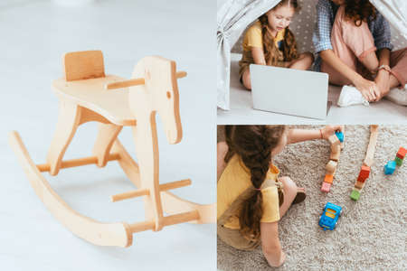 collage of rocking horse, nanny and kid using laptop in toy wigwam, and child playing with multicolored blocksの写真素材