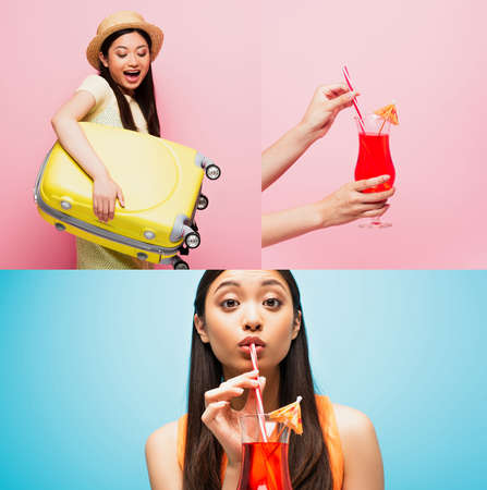 collage of asian girl holding luggage and drinking cocktail of blue and pinkの写真素材