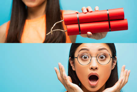 collage of shocked asian girl in glasses looking at camera, gesturing and holding dynamite sticks isolated on blueの写真素材