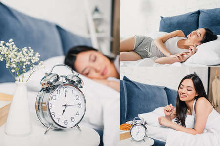 Collage of alarm clock on bedside table and smiling asian woman on bedの写真素材