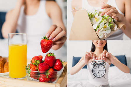 Collage of smiling woman holding alarm clock, touching flowers in bouquet and taking strawberry during breakfast in bedroomの写真素材