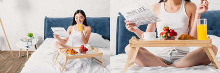 Collage of smiling asian woman reading newspaper during breakfast in bedroomの写真素材