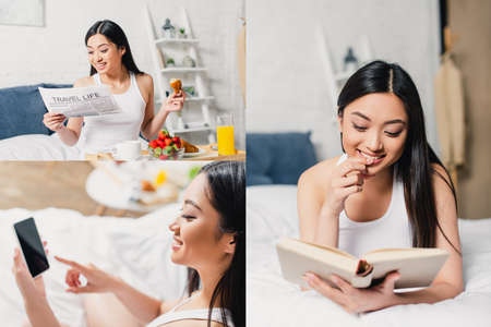 Collage of smiling asian woman reading newspaper and book, using smartphone and eating breakfast on...