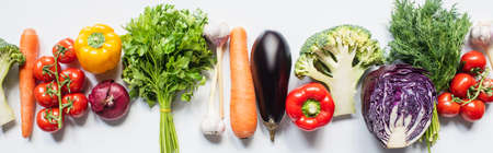 top view of colorful assorted fresh vegetables in row on white background, panoramic shotの写真素材