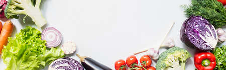 frame of colorful assorted fresh vegetables on white background, panoramic shot