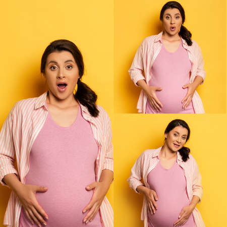 collage of surprised pregnant woman touching tummy and looking at camera on yellow