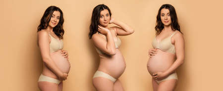 collage of young pregnant woman in underwear touching tummy, hair and looking at camera on beige,...