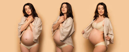 collage of dreamy pregnant woman holding hands near chest, and touching shirt on beige, horizontal imageの写真素材