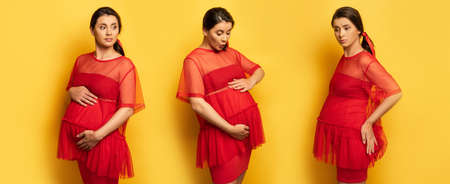 collage of young pregnant woman touching belly and worrying while touching hip on yellow, panoramic conceptの写真素材