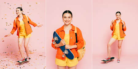 collage of brunette young woman in colorful outfit with skateboard isolated on pink