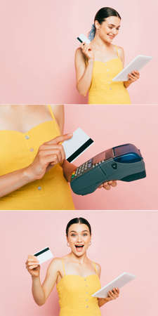 collage of brunette young woman with digital tablet, credit card and payment terminal isolated on pinkの写真素材